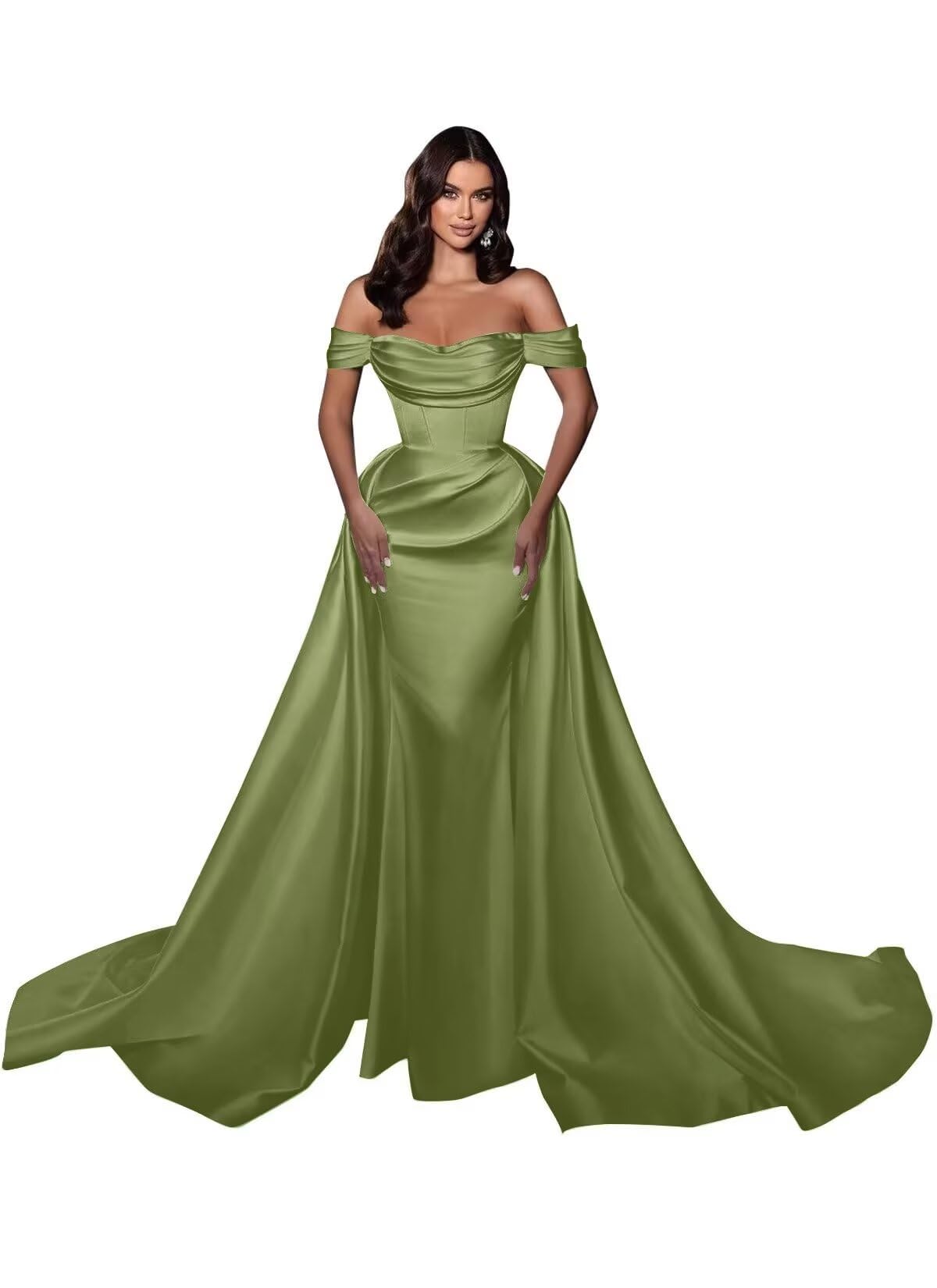 Mermaid Satin Prom Dresses for Women 2027 Long Off Shoulder Ruched Corset Formal Evening Dress Detachable Train