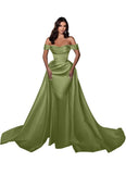 Mermaid Satin Prom Dresses for Women 2027 Long Off Shoulder Ruched Corset Formal Evening Dress Detachable Train