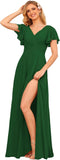 V Neck Bridesmaid Dresses for Women with Slit 2025 Flutter Sleeve Chiffon Pleats Formal Dress with Pockets