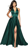 Womens Satin Prom Dresses Long with Slit Halter Evening Formal Gowns for Women with Pockets