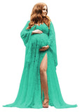 Women's Lace Maternity Dress for Photoshoot Long Puffy Sleeves V Neck Boho Pregnancy Gown for Baby Shower with Slit