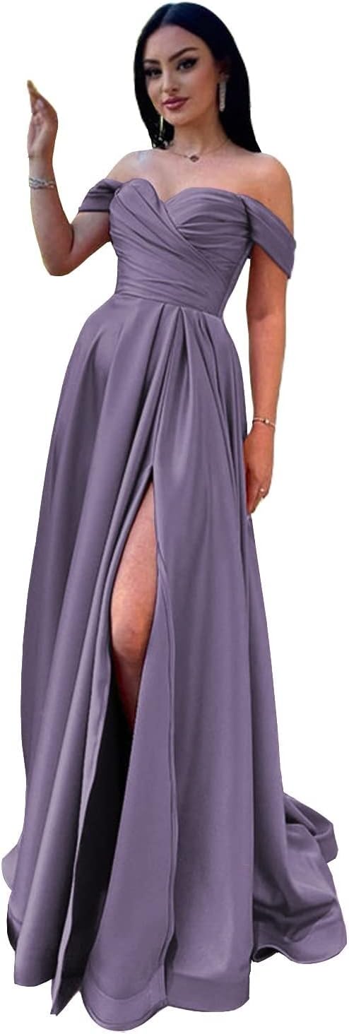 Schulterfreies Satin-Ballkleid, herzförmiger Ausschnitt, formelles Kleid, A-Linie, Abendkleid mit Schlitz 