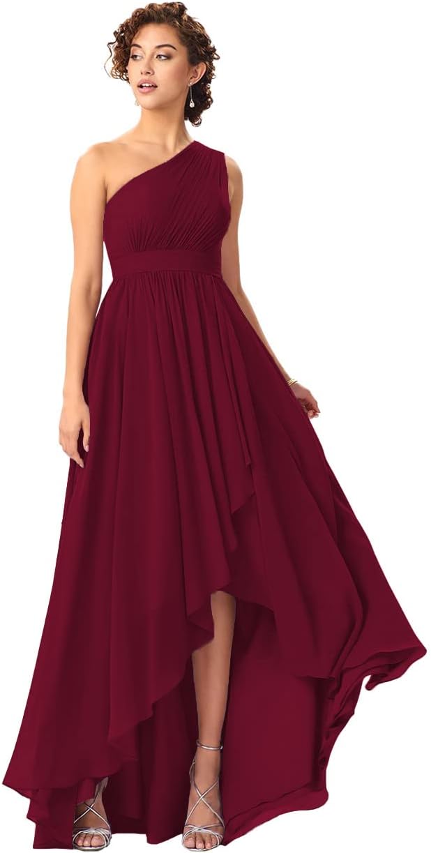Women's One Shoulder Bridesmaid Dresses High Low Chiffon Formal Party Gowns with Pockets