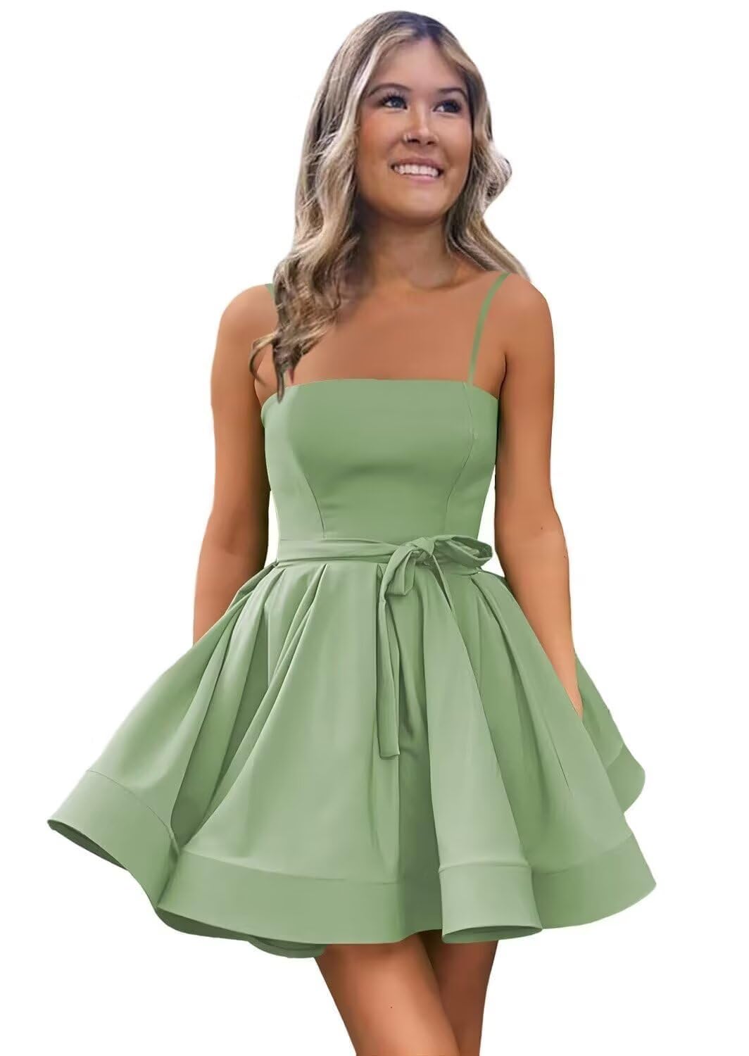 Women’s Short Satin Spaghetti Straps Formal Homecoming Dresses A Line Corset Puffy Prom Gown with Pockets for Teens