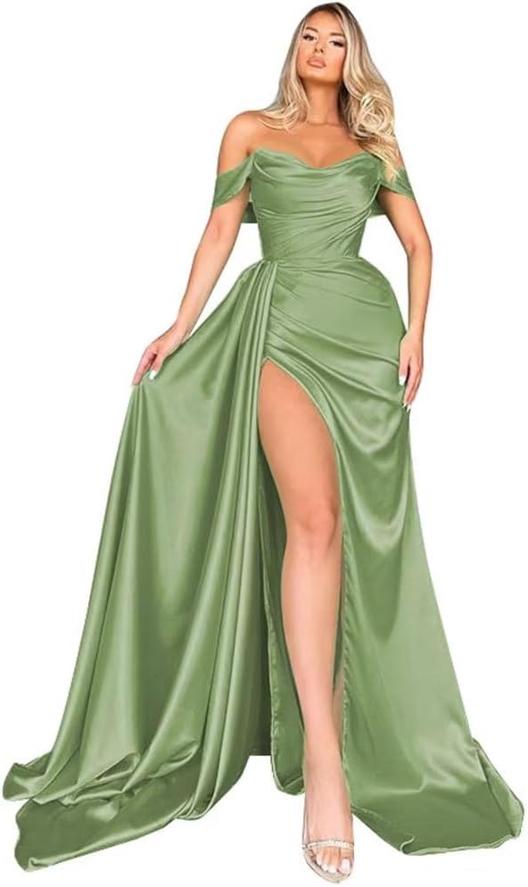 Off Shoulder Satin Bridesmaid Dresses Long Formal Gown for Wedding Ruched Prom Dress with Slit