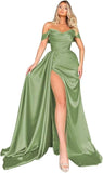 Off Shoulder Satin Bridesmaid Dresses Long Formal Gown for Wedding Ruched Prom Dress with Slit