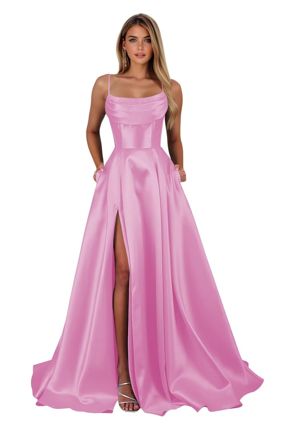 Satin Prom Dresses for Teens Long A-Line Cowl Neck Formal Evening Gown with Slit 2026 Maxi Ball Gowns