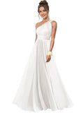One Shoulder Bridesmaid Dresses for Women Chiffon A Line Pleated Long Formal Gowns with Pockets