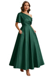 Kingbridal Satin Mother of The Bride Dresses for Women Tea Length Formal Dress One Shoulder Evening Party Gowns with Pockets