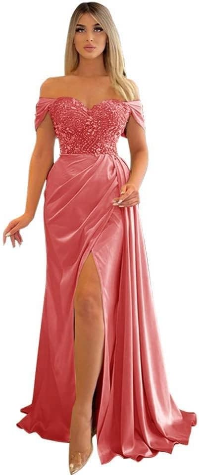 Off Shoulder Beaded Satin Bridesmaid Dresses for Women 2027 Mermaid Prom Dress with Slit