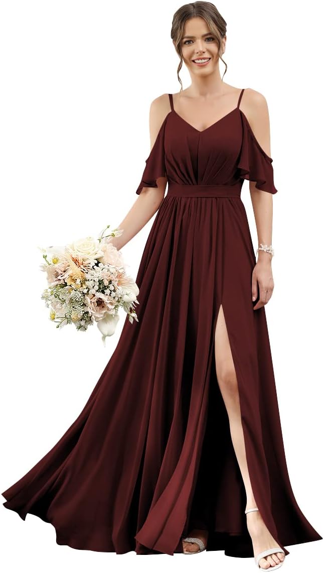 Women's Cold Shoulder Ruffle Sleeves Bridesmaid Dresses for Women 2025 Pleated Chiffon Formal Dresses with Slit