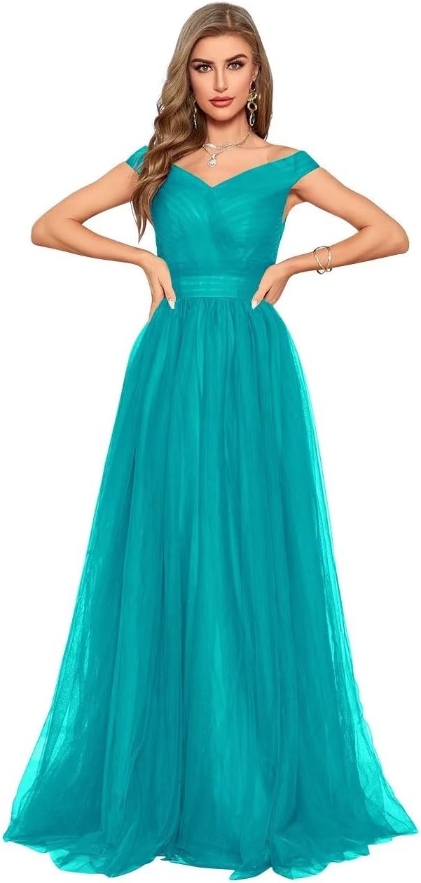Schulterfreies Ballkleid, langes Ballkleid für Damen, A-Linie, Herzausschnitt, mehrlagiges Tüllkleid für Hochzeit, Abendparty 