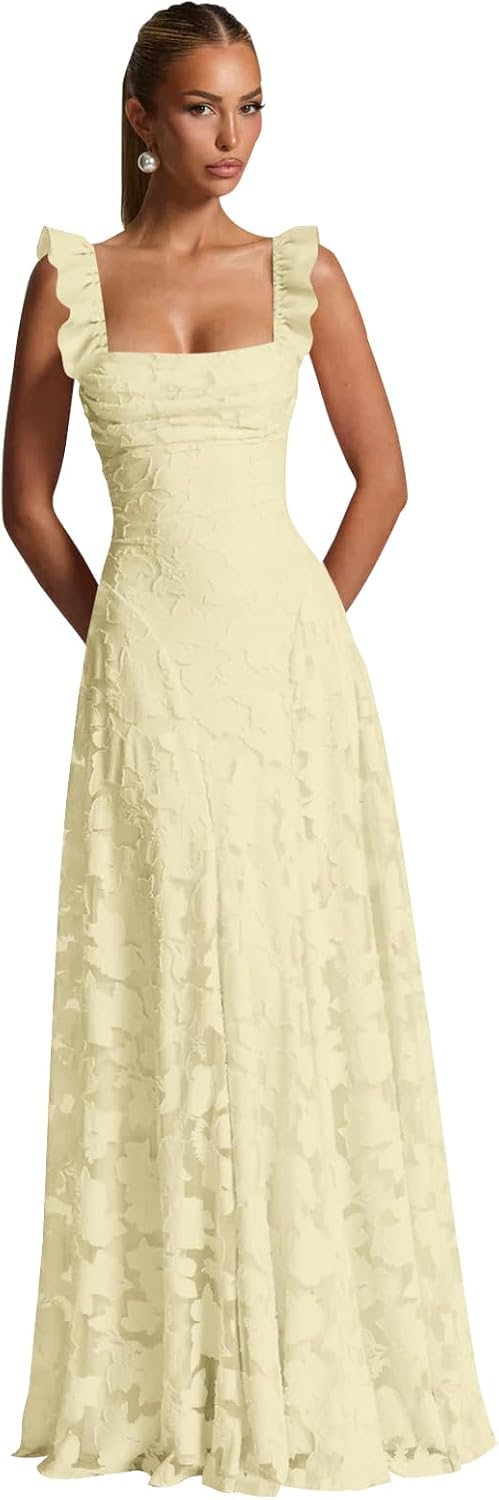 Ruched Jacquard Prom Dresses for Women Teens Ruffle Strap Floral Maxi Formal Dress Evening Gown