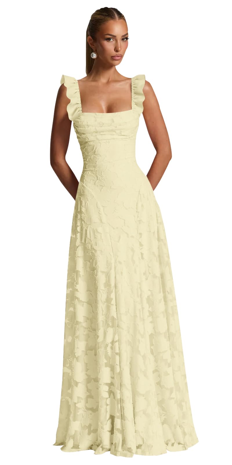 Ruched Jacquard Prom Dresses for Women Teens Ruffle Strap Floral Maxi Formal Dress Evening Gown