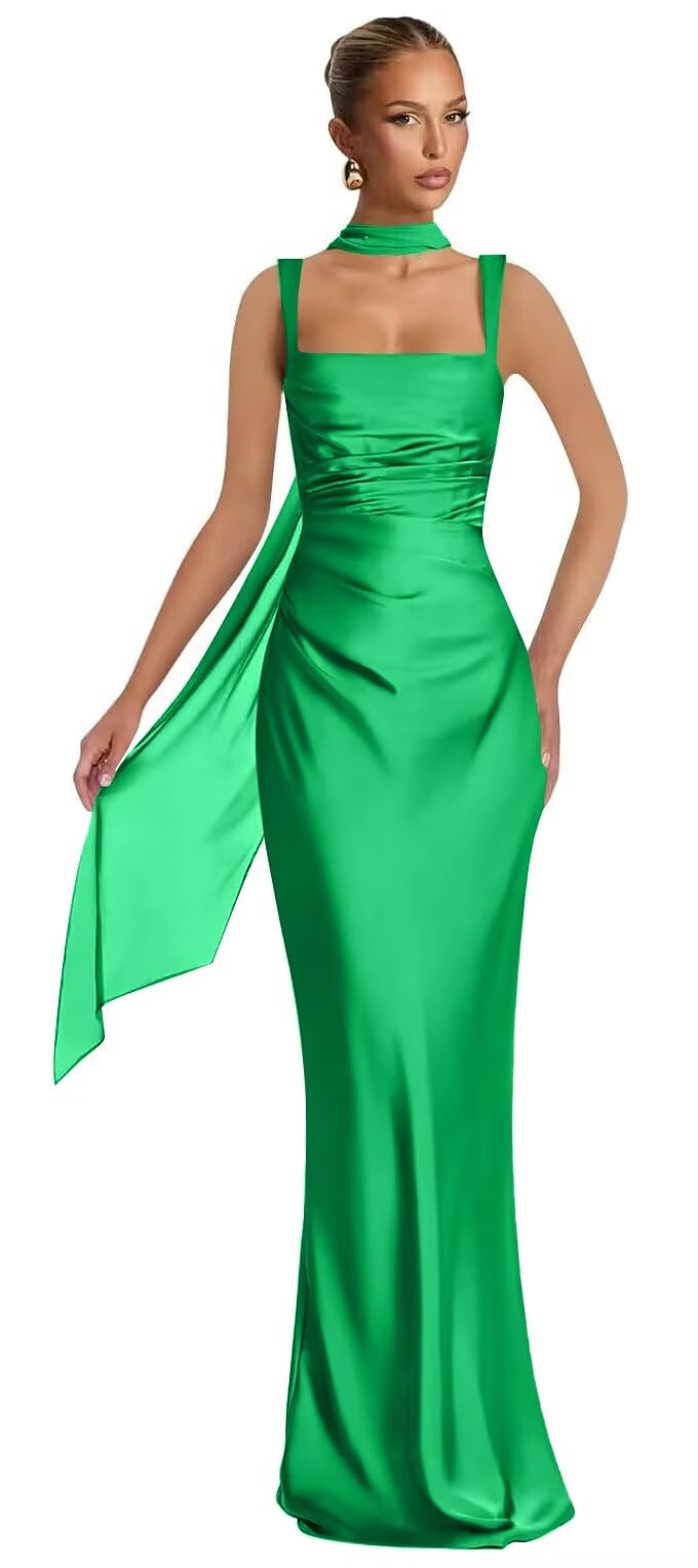 Mermaid Bridesmaid Dresses with Scarf 2027 Long Satin Spaghetti Straps Ruched Formal Evening Party Dress for Women