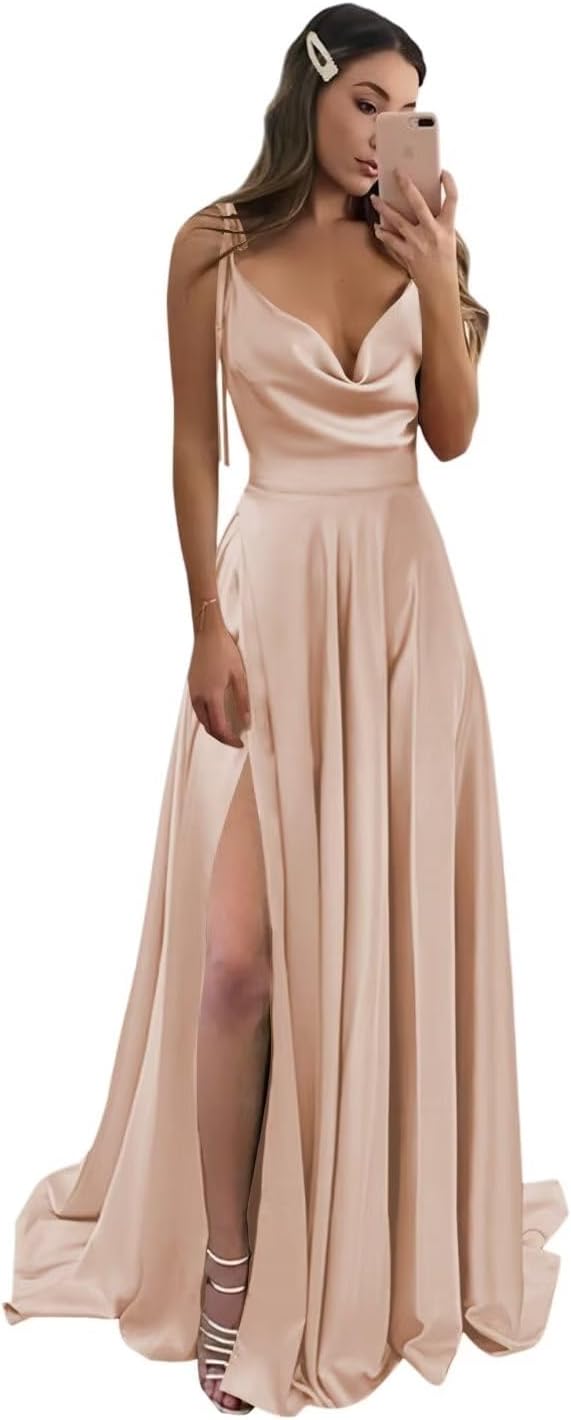 Vestidos de fiesta largos de satén con abertura alta para mujer, 2024, tirantes finos ajustables, vestidos de fiesta formales con bolsillos 