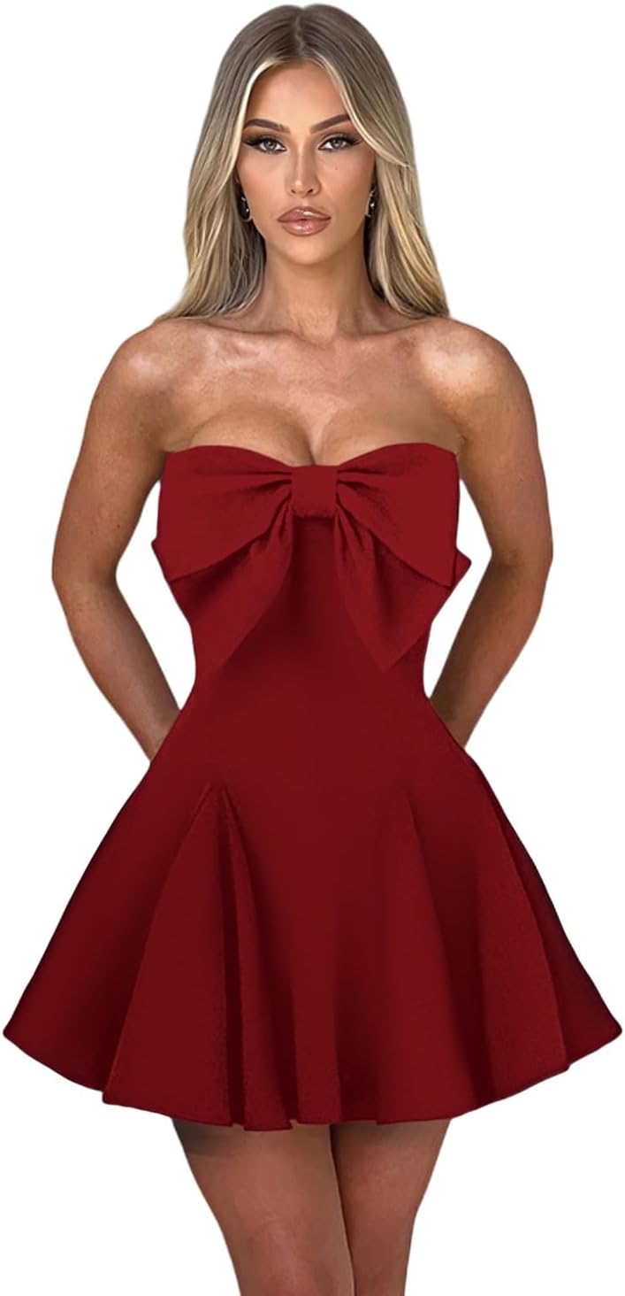 Women's Elegant Bow Strapless Homecoming Dress A Line Swing Tube Mini Dress Short Evening Party Prom Dress