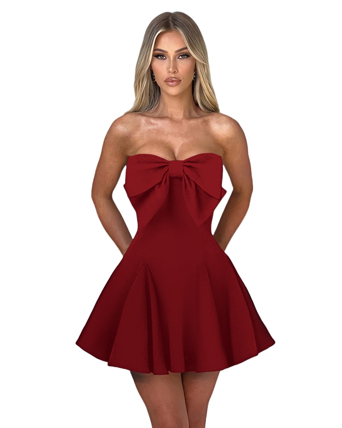 Women's Elegant Bow Strapless Homecoming Dress A Line Swing Tube Mini Dress Short Evening Party Prom Dress