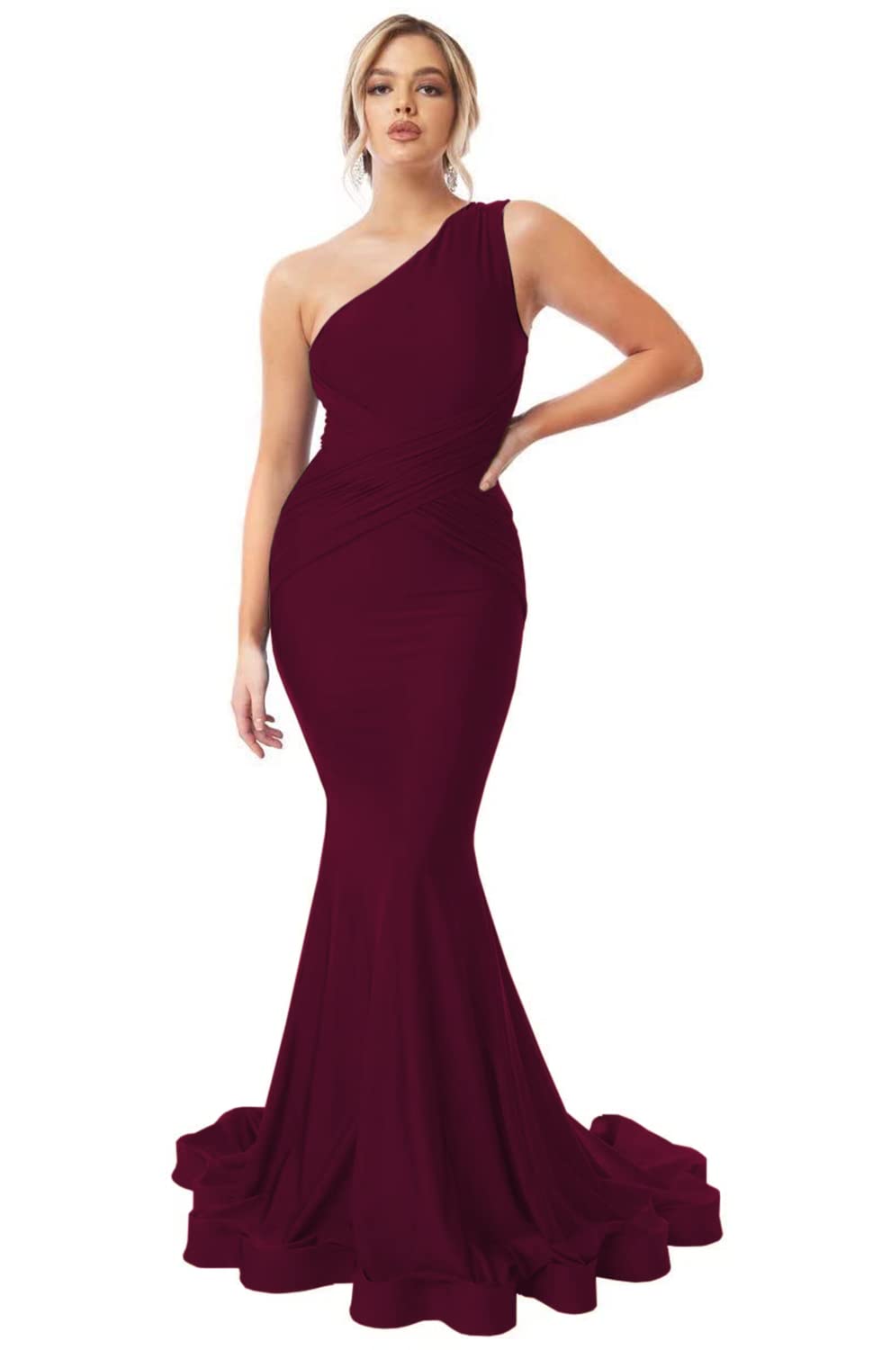 Womens One Shoulder Mermaid Bridesmaid Dresses for Wedding Long Tight Ruched Prom Dresses Evening Formal Gowns