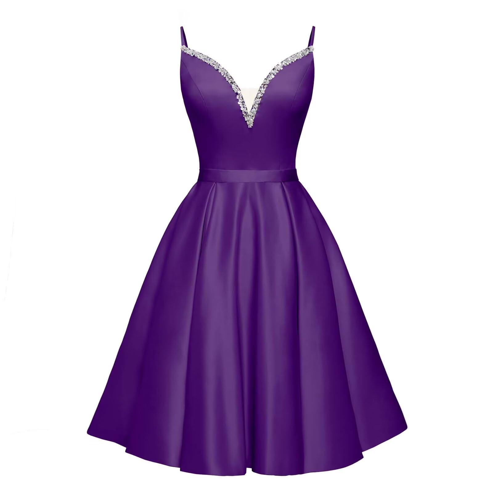 Spaghetti Straps Satin Homecoming Dresses for Teens V-Neck Short Prom Dress A-Line Beaded Cocktail Party Gowns