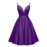 Spaghetti Straps Satin Homecoming Dresses for Teens V-Neck Short Prom Dress A-Line Beaded Cocktail Party Gowns