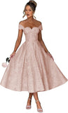 Off Shoulder Tea Length Prom Dress for Women Satin Floral Jacquard A Line Corset Cocktail Dress Long Evening Gowns