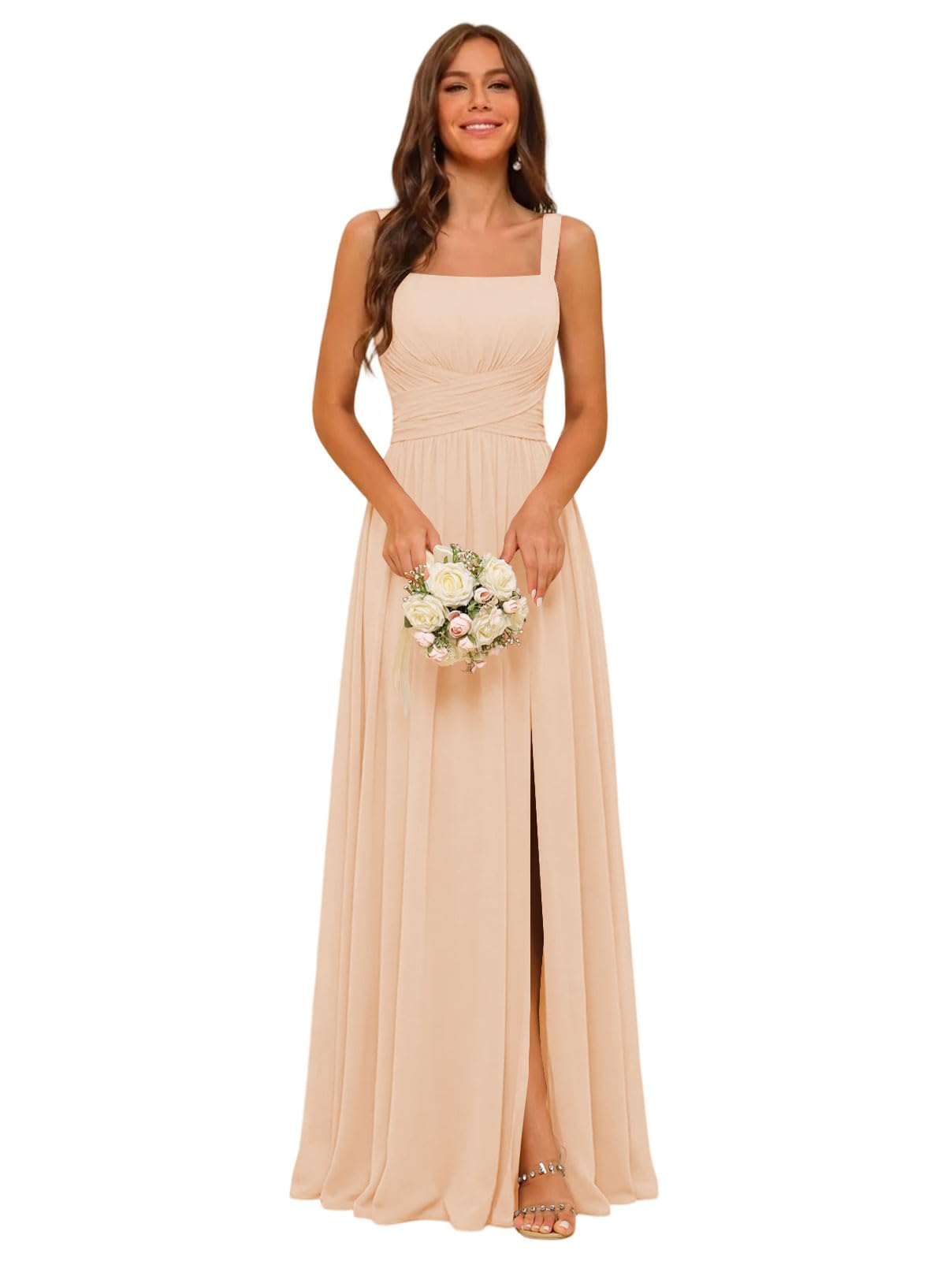Square Neck Bridesmaid Dress Spaghetti Straps Chiffon Long Formal Dress for Women
