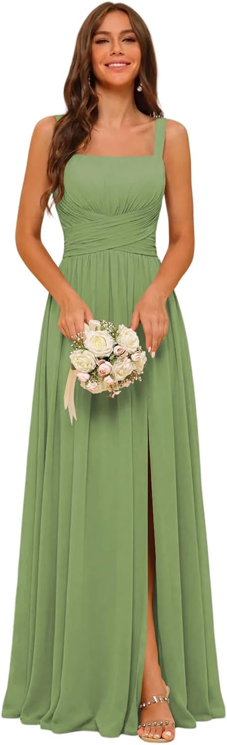 Square Neck Bridesmaid Dress Spaghetti Straps Chiffon Long Formal Dress for Women