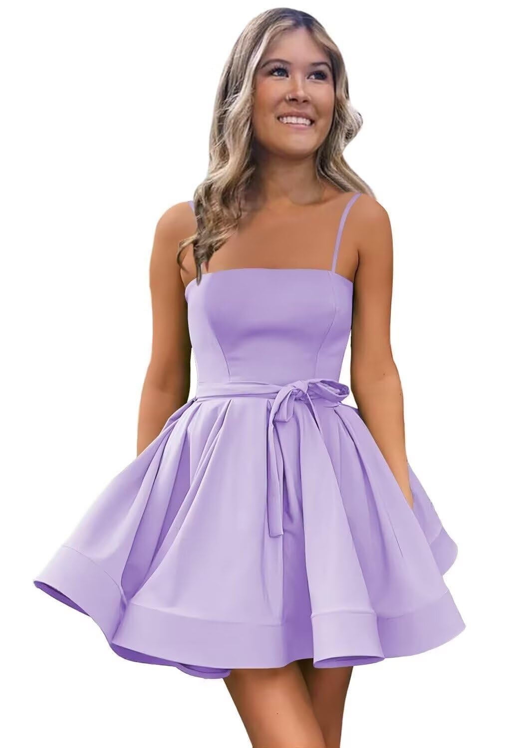 Women’s Short Satin Spaghetti Straps Formal Homecoming Dresses A Line Corset Puffy Prom Gown with Pockets for Teens
