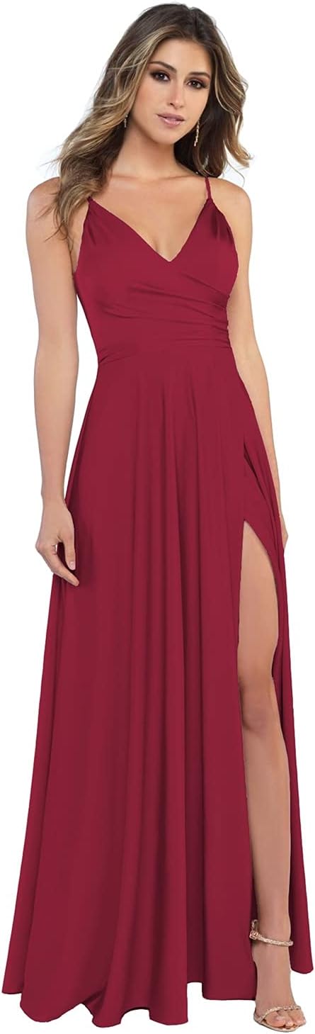 Damen-Brautjungfernkleider aus Satin mit V-Ausschnitt und Schlitz, Spaghettiträgern, formelle Ballkleider mit Taschen 
