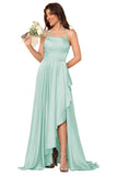 Women's Long Satin Bridesmaid Dresses Spaghetti Strap Halter Formal Evening Gown Ruffle High Low Wedding Guest Dress