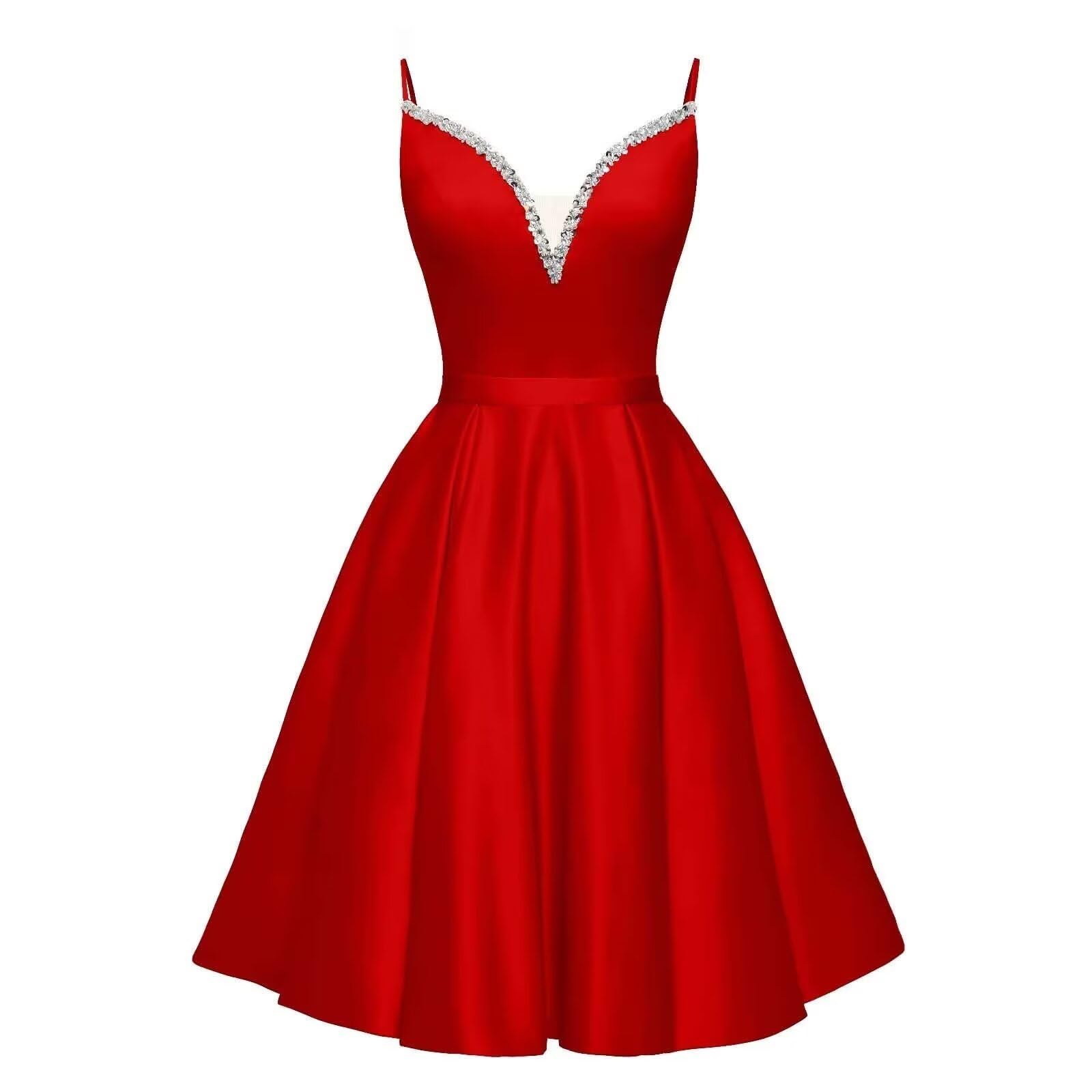 Spaghetti Straps Satin Homecoming Dresses for Teens V-Neck Short Prom Dress A-Line Beaded Cocktail Party Gowns
