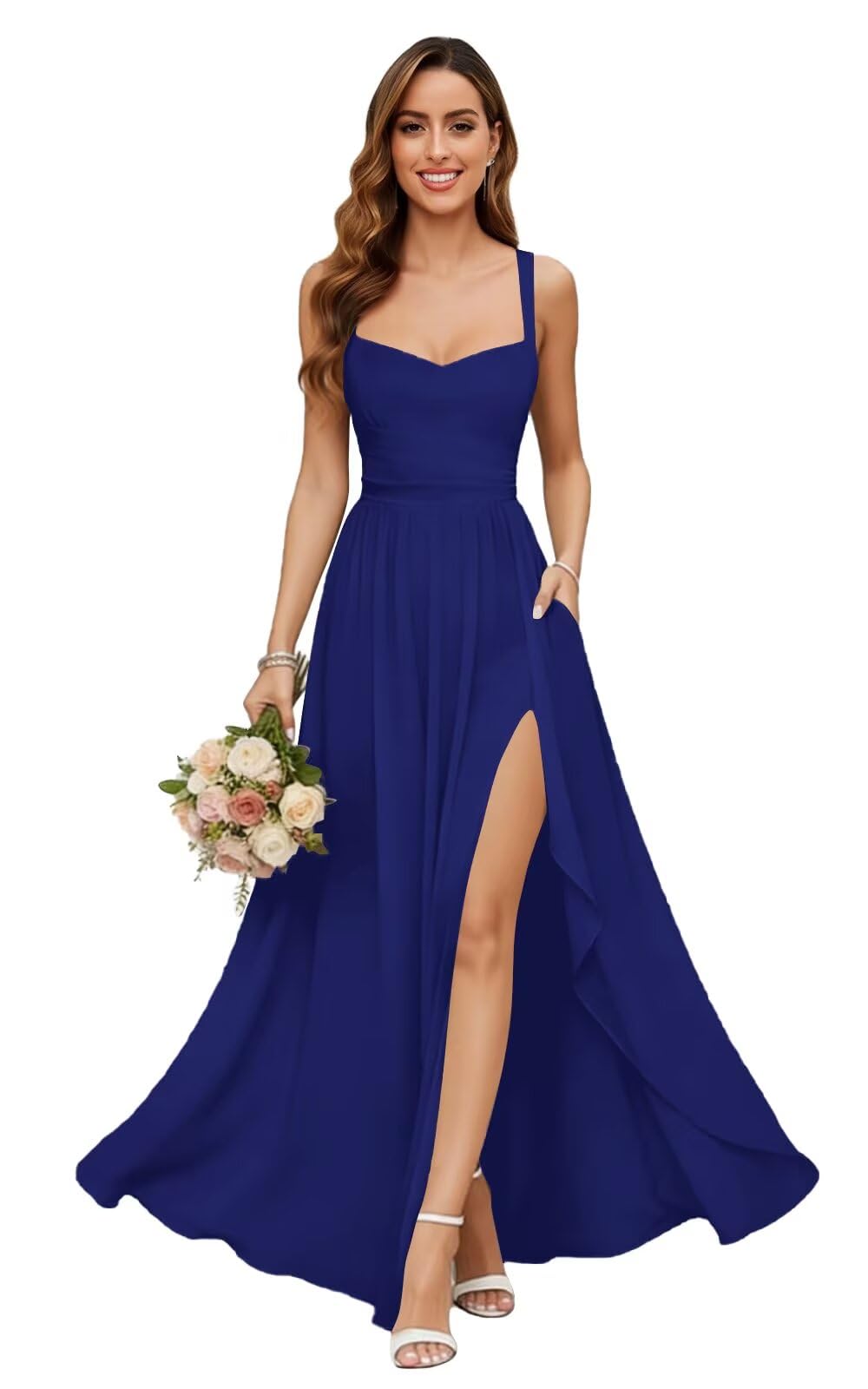 Chiffon Bridesmaid Dresses for Women Long Spaghetti Straps A-line Pleated Formal Evening Party Gowns with Pockets