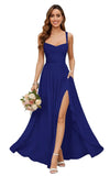 Chiffon Bridesmaid Dresses for Women Long Spaghetti Straps A-line Pleated Formal Evening Party Gowns with Pockets