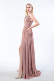 Vestidos de dama de honor largos con escote en V y abertura en gasa, corte A, plisados, para noche, fiesta formal