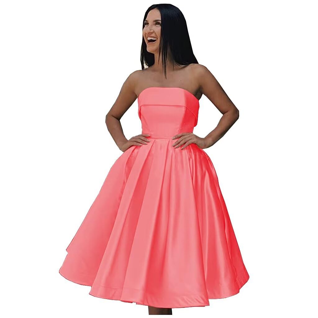 Tea Length Satin Cocktail Party Dresses for Women, Strapless Formal Evening Prom Gown Homecoming Graduation Dresses