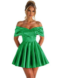 Off Shoulder Satin Homecoming Dresses for Teens 2026 Short Prom Dress A-line Pleated Cocktail Party Gowns