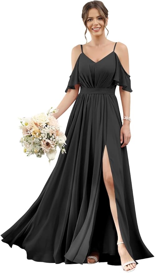 Women's Cold Shoulder Ruffle Sleeves Bridesmaid Dresses for Women 2025 Pleated Chiffon Formal Dresses with Slit