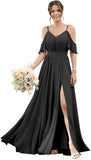Women's Cold Shoulder Ruffle Sleeves Bridesmaid Dresses for Women 2025 Pleated Chiffon Formal Dresses with Slit
