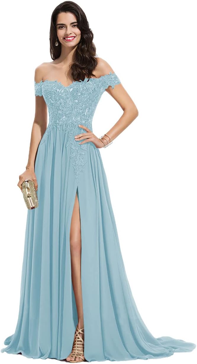 Women's Off The Shoulder Long Prom Dresses with Slit Lace Appliqued Chiffon Formal Party Gowns