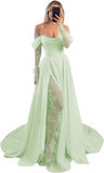 Off Shoulder Satin Wedding Dresses Lace Long Sleeve Prom Dresses Corset A-Line Ball Gowns with Slit