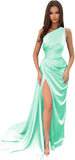 Vestidos de dama de honor largos con un hombro al descubierto y pliegues de satén estilo sirena para fiesta de boda formal 