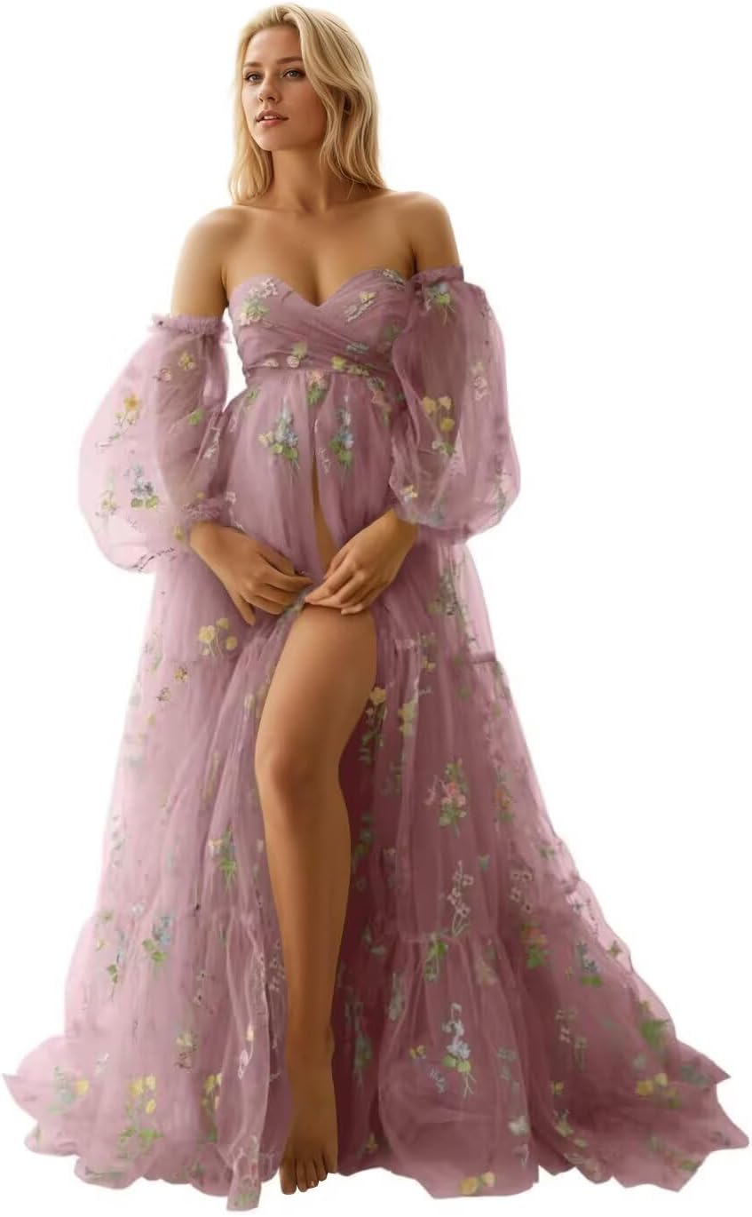 Kingbridal Gowns Flower Embroidery Tulle Maternity Dresses for Photoshoot Long Puffy Sleeve Off Shoulder Pregnancy Baby Shower Dress