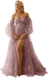 Flower Embroidery Tulle Maternity Dresses for Photoshoot Long Puffy Sleeve Off Shoulder Pregnancy Baby Shower Dress