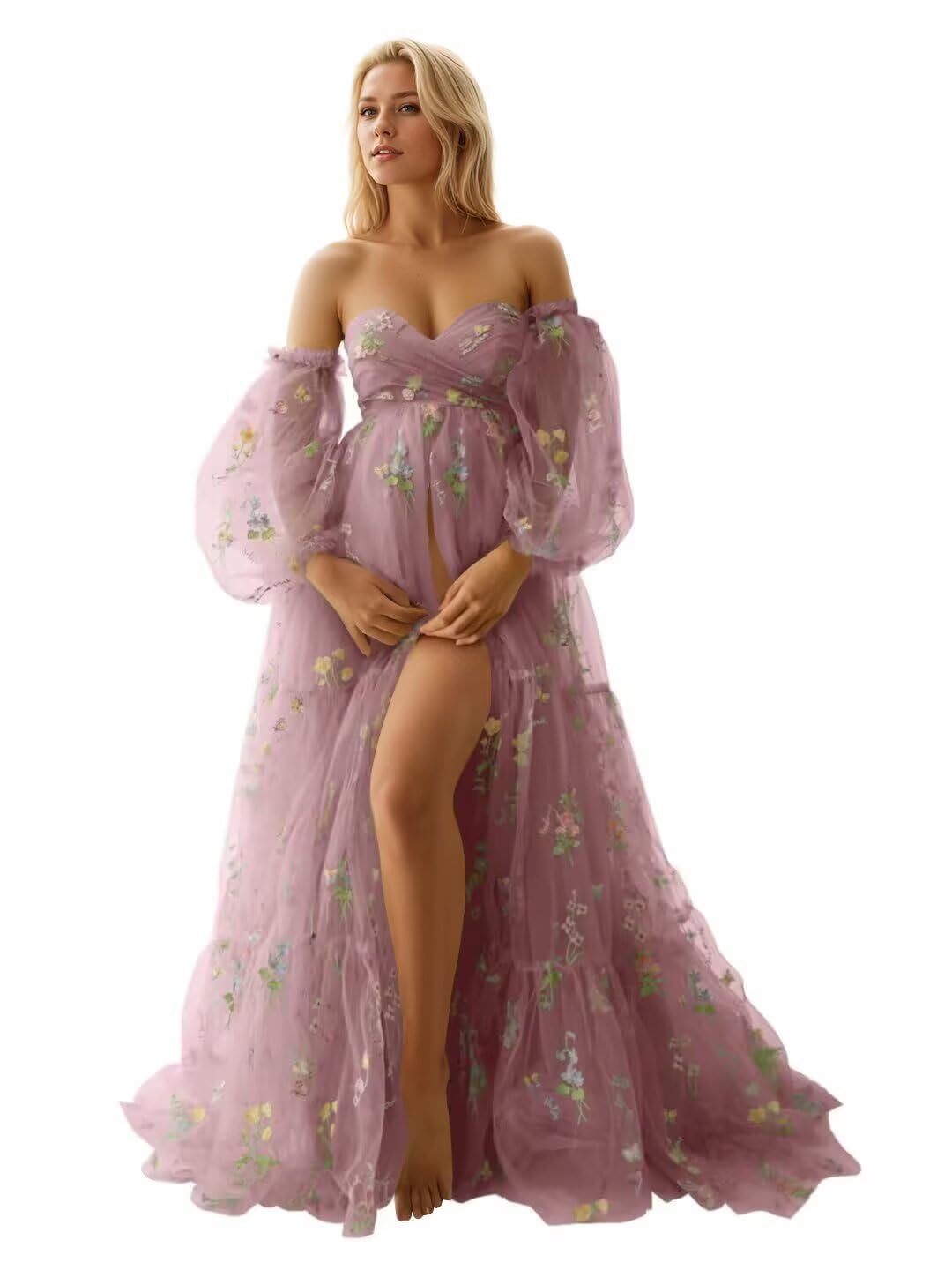Kingbridal Gowns Flower Embroidery Tulle Maternity Dresses for Photoshoot Long Puffy Sleeve Off Shoulder Pregnancy Baby Shower Dress