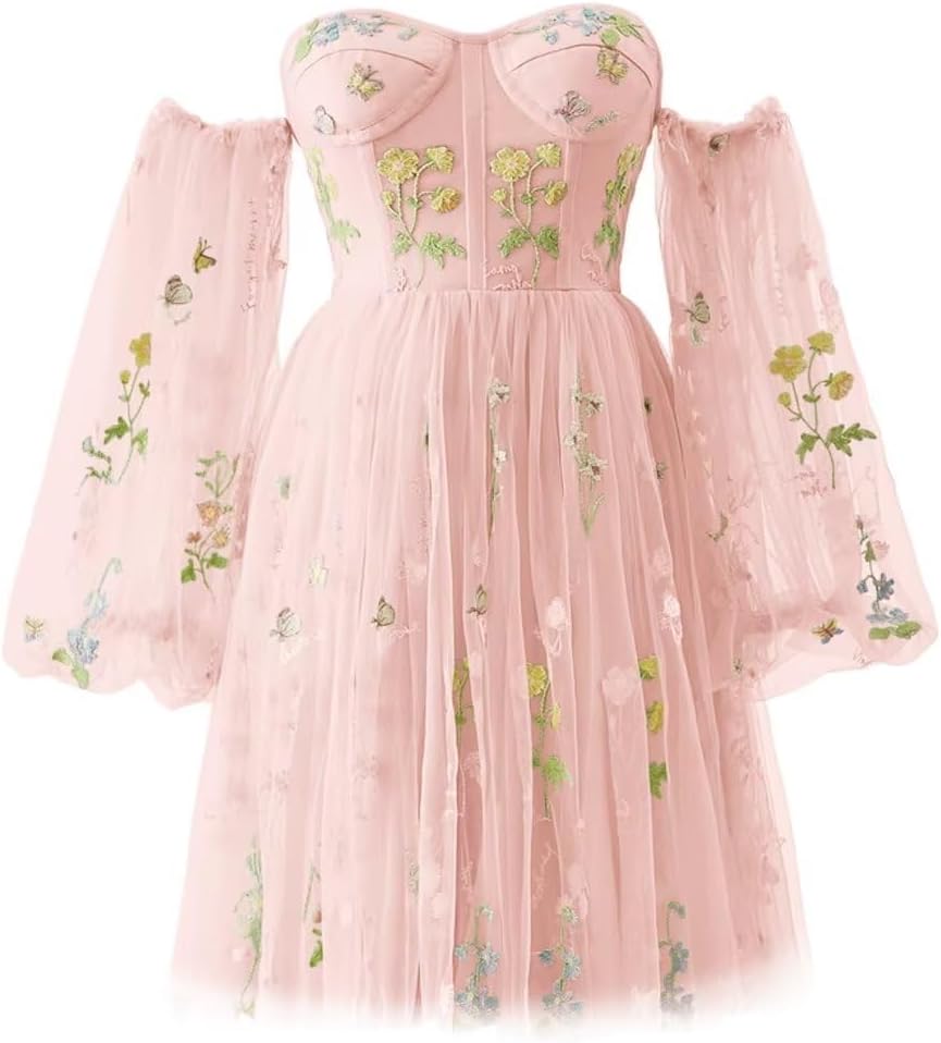Vestidos de fiesta para mujer, cortos, con hombros descubiertos, bordados florales, de tul, formales, para fiesta de graduación 
