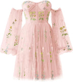 Vestidos de fiesta para mujer, cortos, con hombros descubiertos, bordados florales, de tul, formales, para fiesta de graduación 