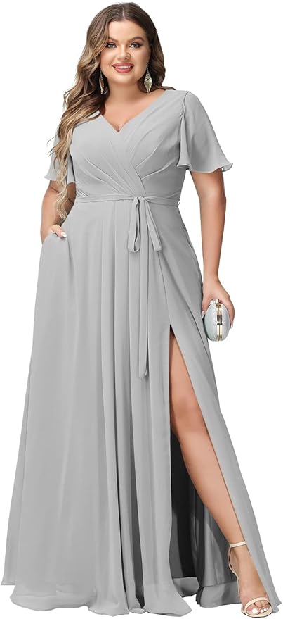 Plus Size Bridesmaid Dresses with Pockets V Neck Chiffon Flutter Sleeves Formal Evening Gowns with Slit