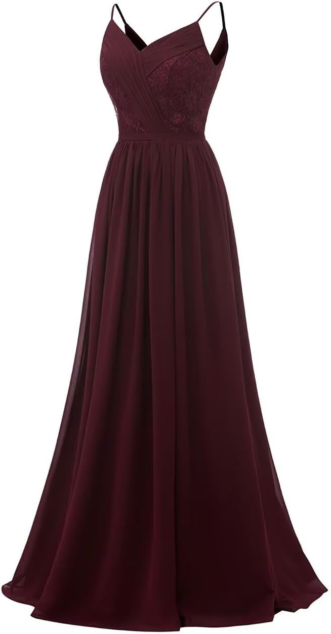 Women's Lace Chiffon Bridesmaid Dresses for Wedding Long Spaghetti Straps Bodice Formal Party Gown with Pockets