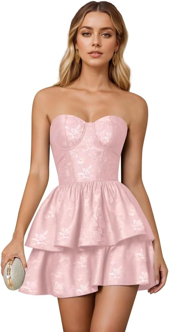 Jacquard Satin Homecoming Dresses 2026 Tiered Layed Aline Strapless Formal Cocktail Party Gown